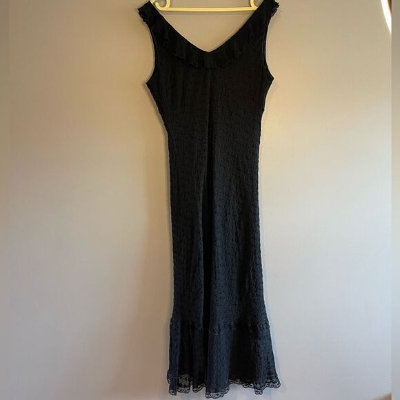 Vintage Jonathan Martin Studio Silk Eyelet Sleeveless Ruffle Flounce Dress Black - Picture 6 of 13